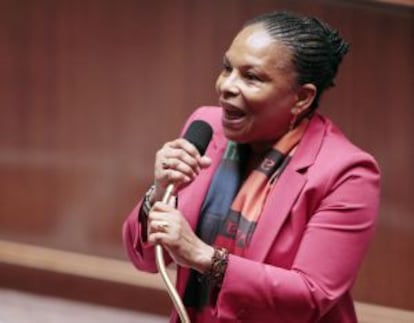 La ministra de Justicia francesa, Christiane Taubira, defiende el matrimonio gay en la Asamblea.