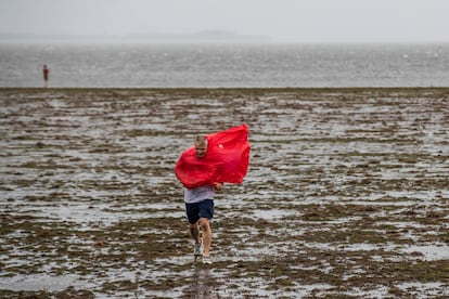 Un hombre camina sobre en la bahía de Tampa, donde el nivel del agua ha bajado como consecuencia de la dirección de los vientos del huracán.