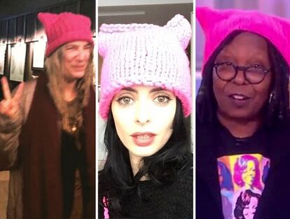 Patti Smith, Krysten Ritter y Whoopi Goldberg luciendo su ‘Pussy hat’.