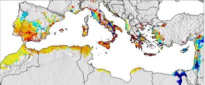 Unas  regiones del Mediterr&aacute;neo obtendr&aacute;n mayores beneficios del cultivo del olivo (en rojo) y otras, menores (en azul), con un aumento de la temperatura media de la Tierra de 1,8 gradso cent&iacute;grados. 