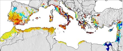 Unas regiones del Mediterráneo obtendrán mayores beneficios del cultivo del olivo (en rojo) y otras, menores (en azul), con un aumento de la temperatura media de la Tierra de 1,8 gradso centígrados.