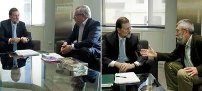 Rajoy, con el secretario general de CC OO, Ignacio Fernández Toxo (izquierda), y con el líder de UGT, Cándido Méndez.