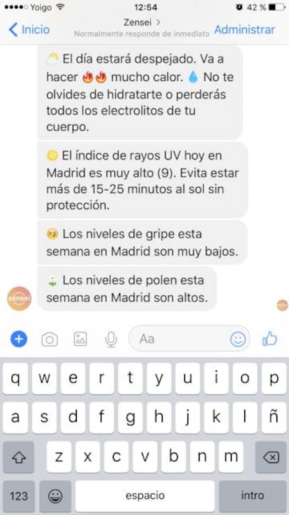 Muestra de la conversación con el chatbot de Zensei.