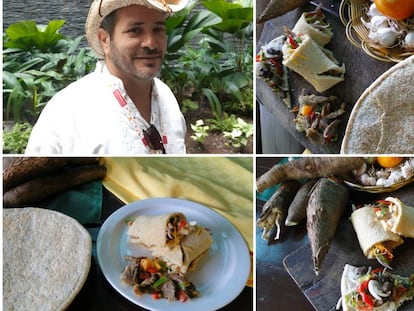 Arriba, El físico e historiador bayames Domingo Cuza, defensor del casabe y participante en el encuentro Cuba Sabe. En las otras imágenes, yuca brava, tortas de casabe y platos elaborados con este alimento indotaíno.