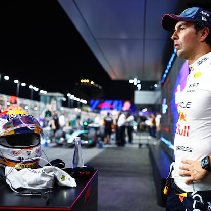 JEDDAH, SAUDI ARABIA - MARCH 08: Third placed qualifier Sergio Perez of Mexico and Oracle Red Bull Racing looks on in parc ferme during qualifying ahead of the F1 Grand Prix of Saudi Arabia at Jeddah Corniche Circuit on March 08, 2024 in Jeddah, Saudi Arabia. (Photo by Mark Thompson/Getty Images)