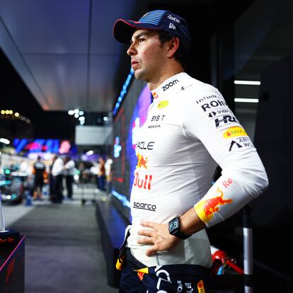 JEDDAH, SAUDI ARABIA - MARCH 08: Third placed qualifier Sergio Perez of Mexico and Oracle Red Bull Racing looks on in parc ferme during qualifying ahead of the F1 Grand Prix of Saudi Arabia at Jeddah Corniche Circuit on March 08, 2024 in Jeddah, Saudi Arabia. (Photo by Mark Thompson/Getty Images)