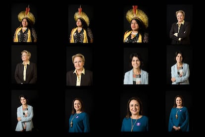 Las candidatas a vicepresidenta Sônia Guajajara, Ana Amélia, Manuela D’ávila y Katia Abreu, durante el evento Mujeres em la Política, em Brasil