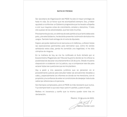 Imagen del comunicado de prensa en el que Santos Cerdán anuncia su renuncia a todos sus cargos.