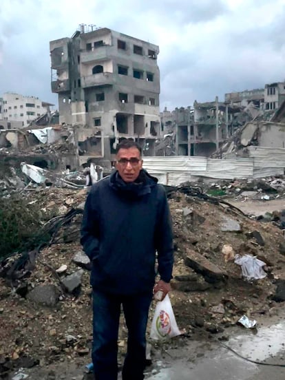 Mustafa Ibrahim, a Gazan journalist and political analyst, in his neighborhood in Gaza City on February 12, 2025. Courtesy of Mustafa Ibrahim.