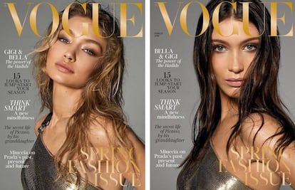 Gigi y Bella Hadid, en la doble portada del número de marzo que la revista 'Vogue UK' ha dedicado a las hermanas.