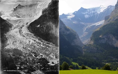 En esta imagen se puede apreciar el impresionante cambio en el paisaje en el glaciar Lower Grindelwald, en los Alpes suizos. La foto de la izquierda está tomada en 1865, la de la derecha, en agosto de 2019.