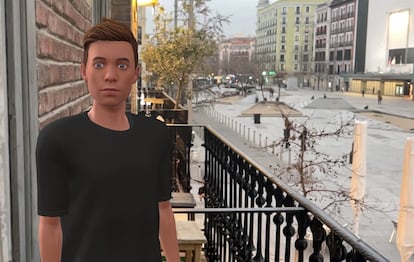 A realidade aumentada mostra Lucas na varanda de um apartamento em Madri.
