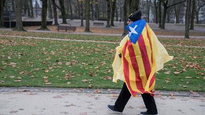 Un hombre pasea por Bruselas envuelto en una estelada.