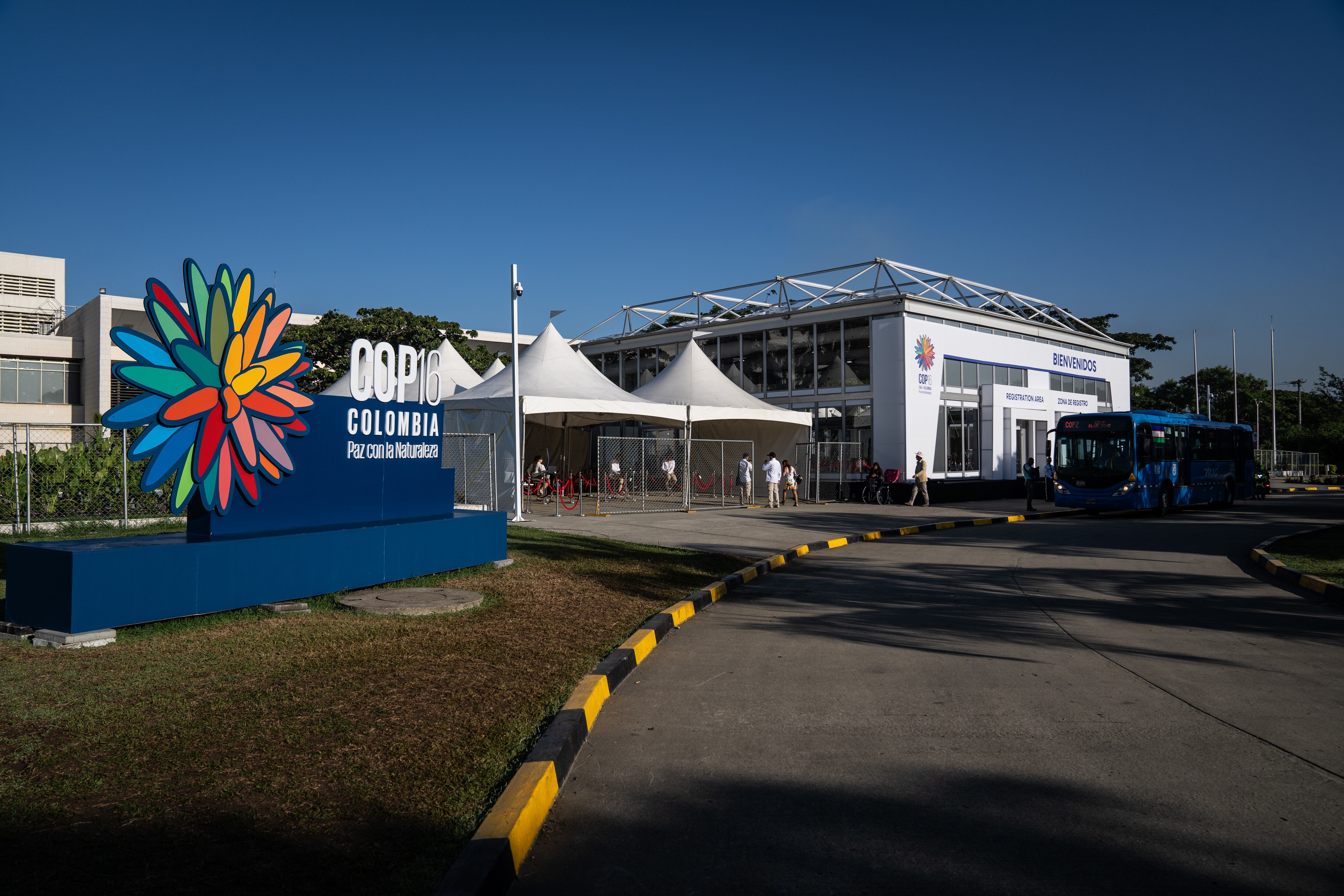 Entrada a la Zona Azul de la COP16 en el Centro De Eventos Valle Del Pacifico, en Cali, el 21 de octubre de 2024.