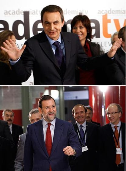 Arriba, Zapatero junto a los miembros de la Academia de Televisión. Abajo, Rajoy, arropado por sus asesores.