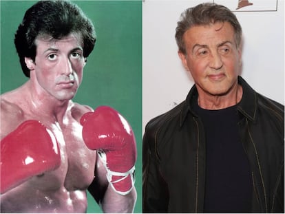 Sylvester Stallone en ‘Rocky (1976), la película que le dio fama mundial, y en el estreno de ‘One Night: Joshua Vs. Ruiz’ en Beverly Hills en 2019.