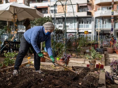 La Maria Rosa, veïna de l'Esquerra de l'Eixample, llaura la terra a l'Hort de la Lola, als Jardins de Montserrat.