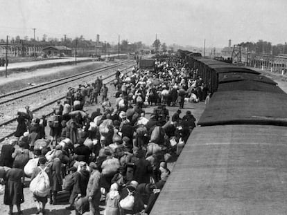 A panorama view of the arrival platform at Birkenau, which was part of the Auschwitz complex, in an image that belongs to the so-called 'Auschwitz Album,' preserved in the Yad Vashem.