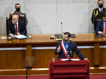 Gabriel Boric durante su primera cuenta pública ante la nación en el Congreso Nacional en Valparaiso, el 1 de junio de 2022.