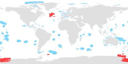 Distribución de áreas marinas protegidas. En azul, las de aguas nacionales. En rojo, las de aguas internacionales. Fuente: PNUMA/UICN.