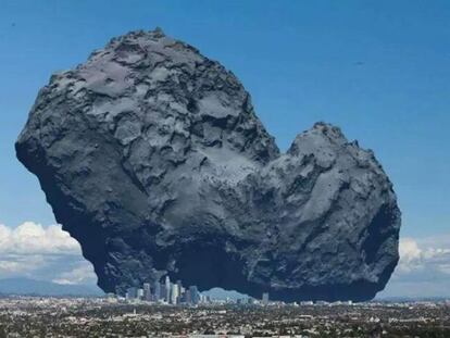Il·lustració comparativa de la grandària del cometa 67P/Txuriumov-Gerasimenko amb la ciutat de Los Angeles.