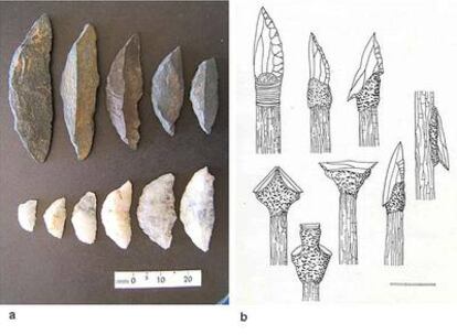 Herramientas de piedra de hace 60.000 años halladas en Suráfrica y reconstrucción de las lanzas que se fabricaban con ellas.