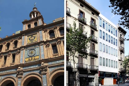 A la izquierda, la fachada del edificio del 'ABC' en el paseo de la Castellana de Madrid (actualmente un centro comercial). A la derecha, el edificio en el Eixample barcelonés de 'El Noticiero Universal' (conocido popularmente como 'El Ciero'), de José María Sostres (1963), que hoy alberga un restaurante y viviendas de lujo.