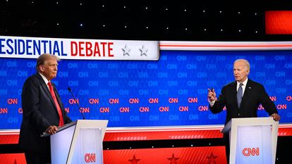 Biden interviene durante el primer debate con Trump, la pasada madrugada.