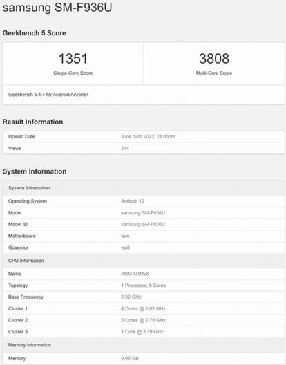 Geekbench Samsung Galaxy Z Fold 4