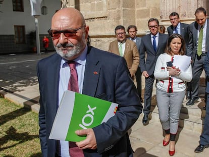 El portavoz de Vox, Alejandro Hernández, seguido de varios diputados de su grupo en el Parlamento de Andalucía.