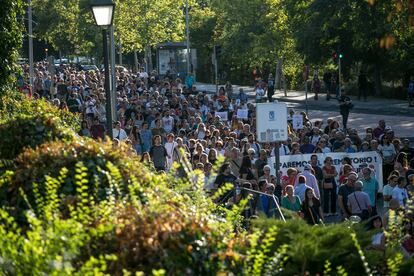 La columna de vecinos de Villaverde camina hacia el tanatorio de la M-40 para protestar por la construcción del crematorio, este martes.