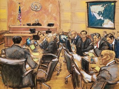 Reproducción fotográfica de un dibujo realizado por la artista Jane Rosenberg del juicio contra el narcotraficante mexicano Joaquín Guzmán, en el tribunal del Distrito Sur en Brooklyn, Nueva York (EE UU).