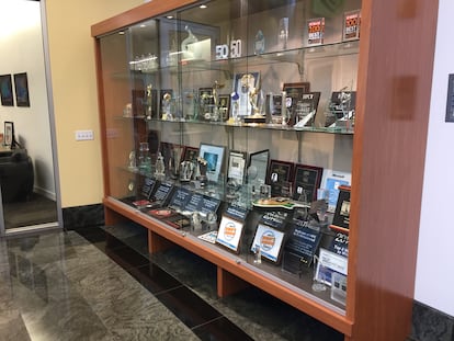 A display case inside Nvidia's headquarters, containing awards that the company has received, in a photo from April 2017.