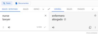 Captura de pantalla de Google Translate que muestra masculino genérico en la traducción de un listado de palabras (14-05-2020).