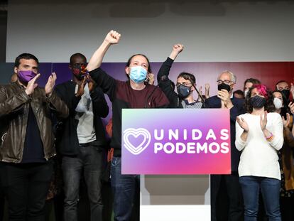 Pablo Iglesias, en una rueda de prensa tras las elecciones de la Comunidad de Madrid, el 4 de mayo.