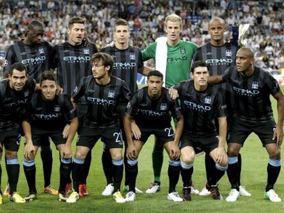 Los jugadores del Manchester City posan en el Bernabéu.