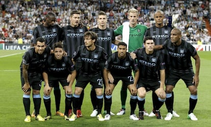 Los jugadores del Manchester City posan en el Bernabéu.