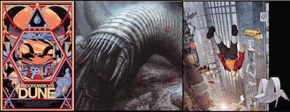 Cartel de 'Jodorowsky's Dune', el documental que cuenta la malograda adaptación; un diseño de H. R. Giger para su 'Dune' y la primera página de 'El Incal', dibujada por Moebius.