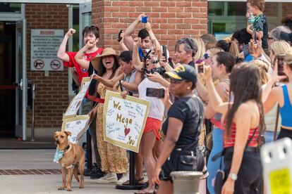 Johnny Depp fans celebrate the verdict on Wednesday at the gates of the Fairfax courthouse.