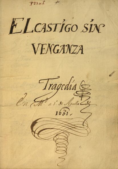 Portada del manuscrito de 'El castigo sin venganza' de la biblioteca pública de Boston (EE UU).