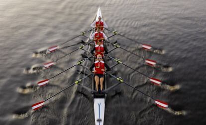 El equipo de cuatro scull ligero austriaco, compuesto por  Paul Sieber, Julian Schoeberl, Bernhard Sieber y Rainer Kepplinger entrena al amanecer antes del quinto día de competición de los Campeonatos del Mundo de remo celebrados en el parque Nathan Benderson en Sarasota, en el estado de Florida (Estados Unidos).