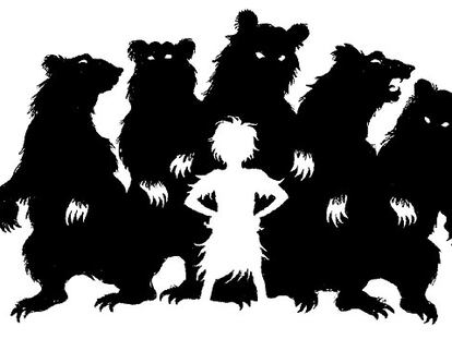 Peter Pan se enfrenta a un grupo de osos en uno de los dibujos que ilustran <i>Peter Pan de rojo escarlata.</i>