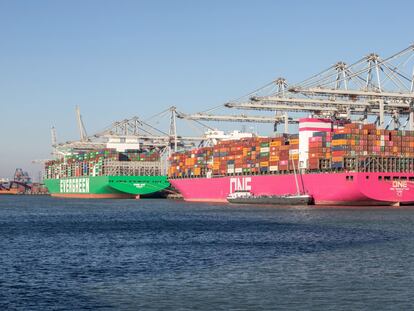 Buques portacontenedores atracan en la Terminal Delta del puerto de Róterdam, el pasado marzo.