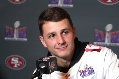 Brock Purdy durante la rueda de prensa previa al Super Bowl. 