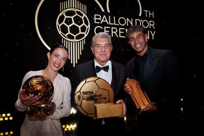 Aitana Bonmatí , Joan Laporta y Lamine Yamal