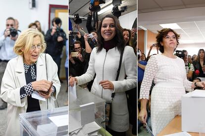 Manuela Carmena, Inés Arrimadas y Soraya Sáenz de Santamaría. Todas eligen el blanco como color de la suerte. Porque el simbolismo es muy importante y este tono transmite confianza, es sinónimo de integridad. La alcaldesa de Madrid lo lució para ir a votar en las municipales de 2015, en las que salió elegida con la plataforma Ahora Madrid; la actual número dos de Ciudadanos, Inés Arrimadas, fue con un abrigo blanco a las regionales de 2017, y Soraya Sáenz de Santamaría llevó un vestido de este tono en las primarias del PP de 2018, que no ganó.