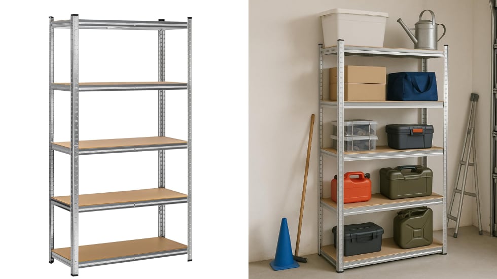 Estantería metálica con cinco baldas incluidas.