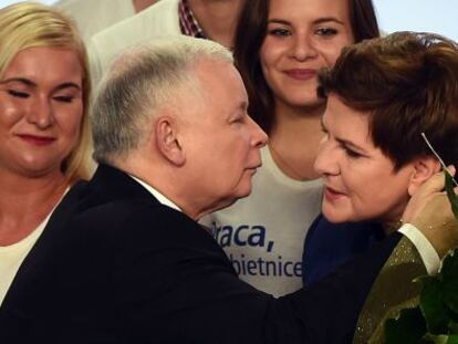 Jaroslaw Kaczynski felicita a Beata Szydlo tras ganar.