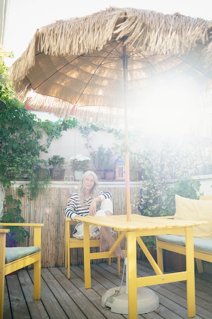 Pino Montesdeoca on the patio of her Madrid apartment.