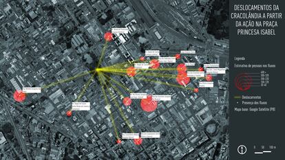 Mapa de desplazamientos de consumidores después del operativo policial de dispersión de Cracolândia en mayo de 2022. Fuente: Labcidade, 2022.